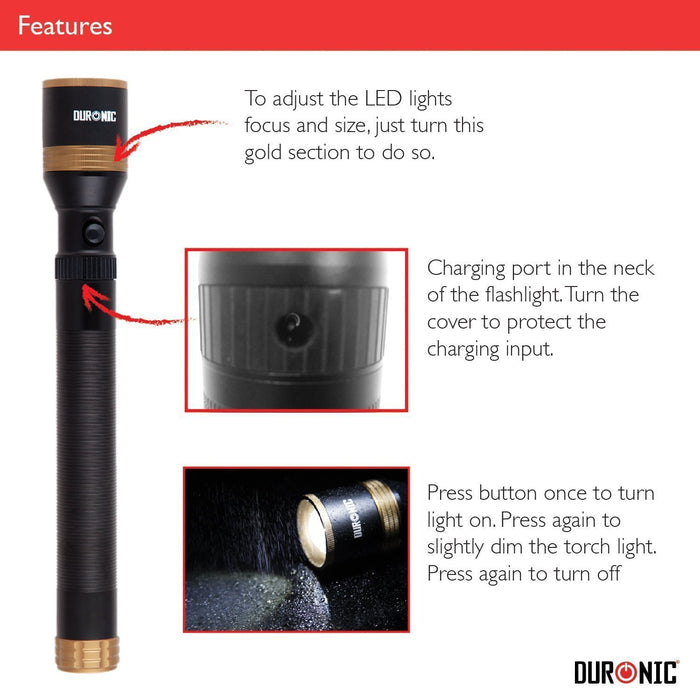 Duronic Rechargeable Torch Flashlight showing adjustable focus, protected charging port, and power button operation instructions.