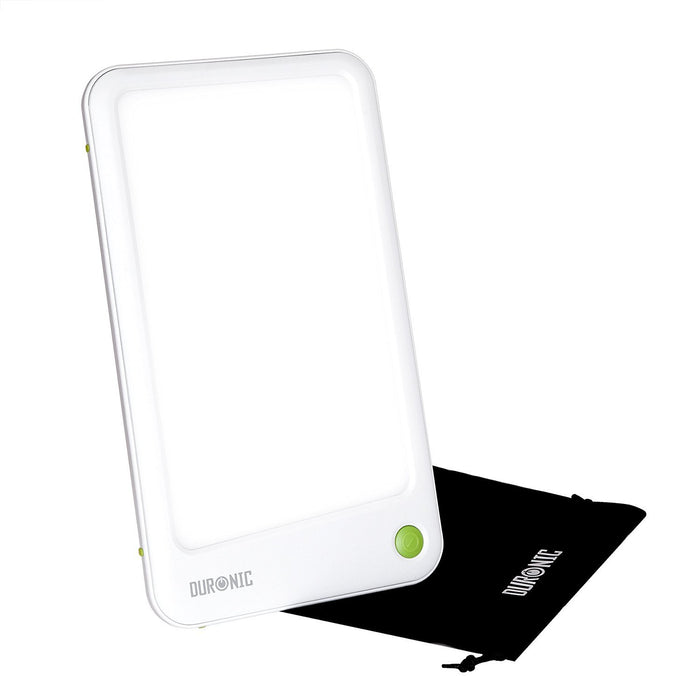 Duronic Sad Light Therapy Lamp Box with a glowing white screen, green button, and black pouch.