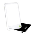 Duronic Sad Light Therapy Lamp Box with a glowing white screen, green button, and black pouch.