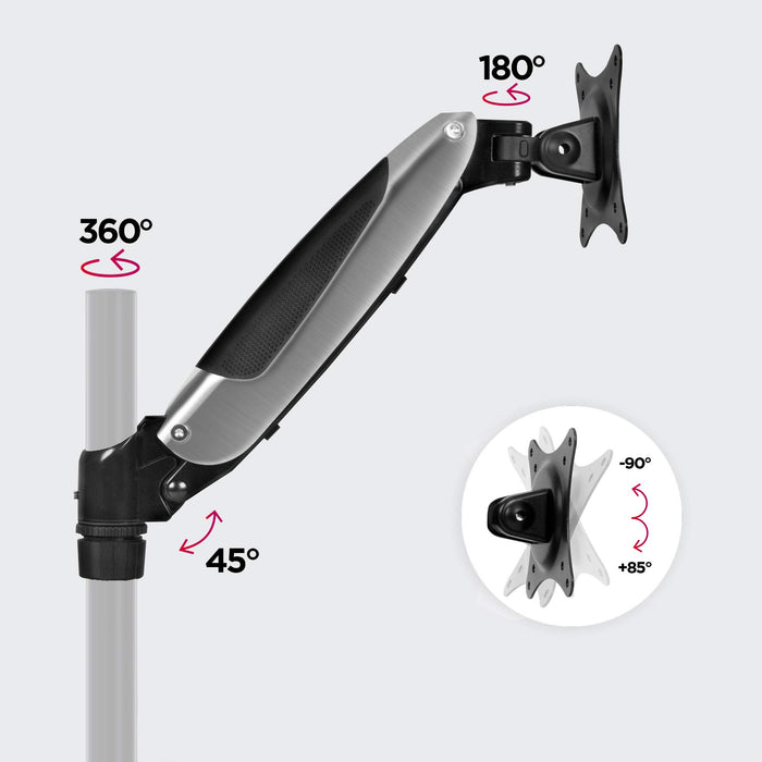 Duronic Spare Arm Set with a brushed metal finish featuring a 360° swivel base, 45° vertical tilt, 180° screen rotation, and a tilt range from -90° to +85°.