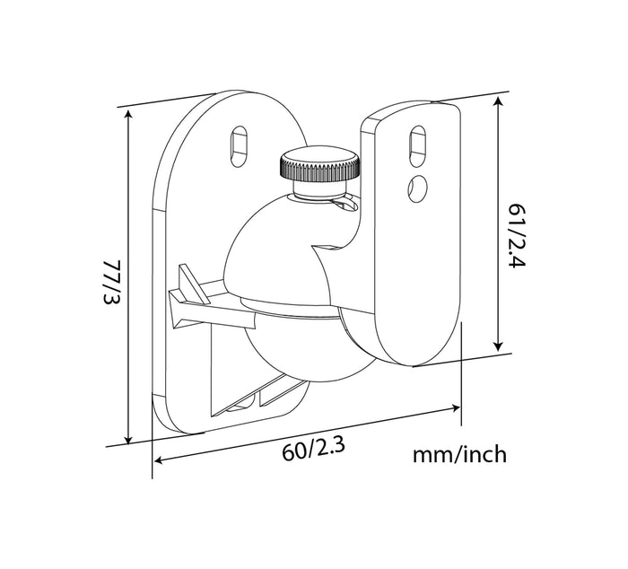Duronic set of 2 universal wall speaker mount with dimensions shown in both millimeters and inches.