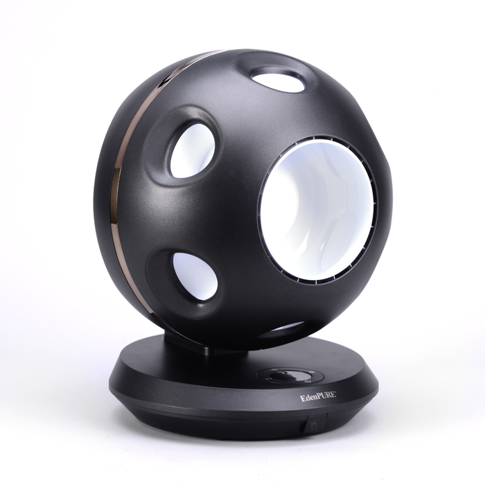 EdenPURE 360 Air Fan GEN55 in black with spherical design and circular air vents on round base with power button