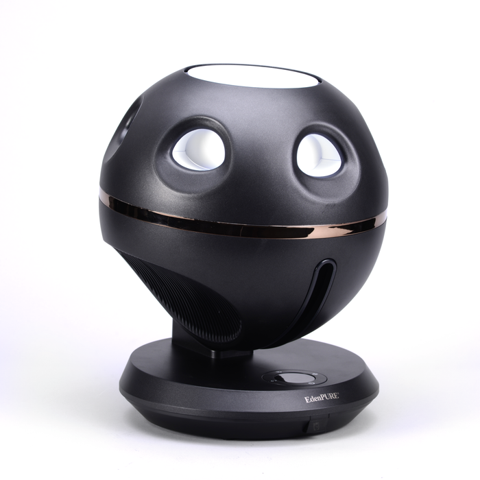 EdenPURE 360 Air Fan GEN55 with 360-degree airflow circulation and black spherical design on black base isolated on white