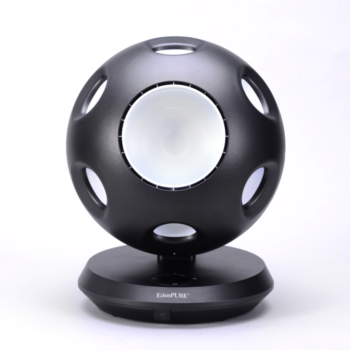 EdenPURE 360 Air Fan GEN55 with spherical black housing and central white airflow outlet on a black base