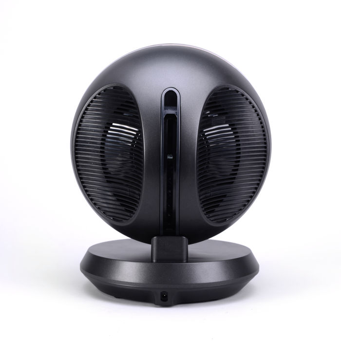 Front view of EdenPURE 360 Air Fan GEN55 in black with dual circular vents and round base on white background