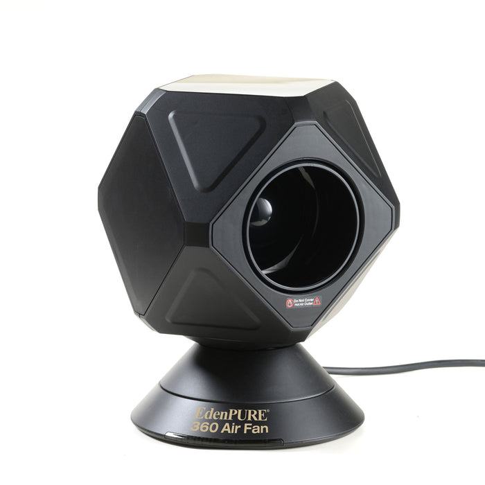 Refurbished EdenPURE 360 Air Fan Heater Cooler in black with hexagonal design and power cord on white background