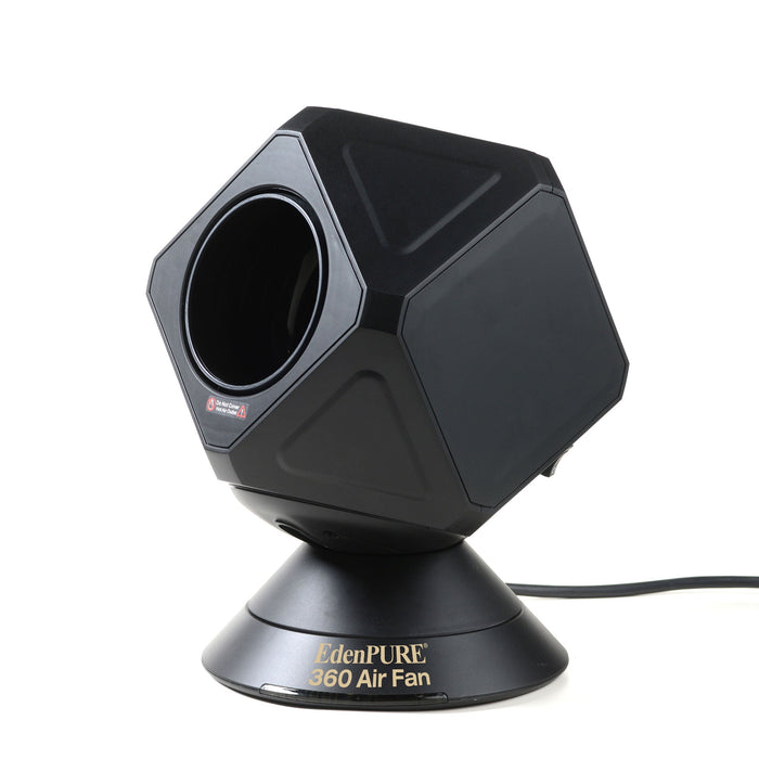 EdenPURE 360 Air Fan Heater and Cooler in black with hexagonal design and gold logo on round base isolated on white background