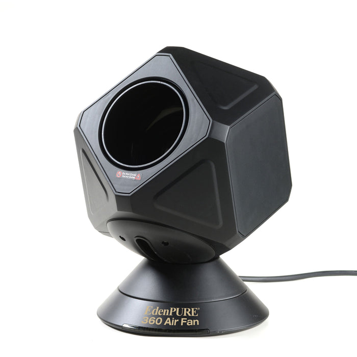 EdenPURE 360 Air Fan Heater Cooler refurbished unit in black with hexagonal fan design and conical base on white background
