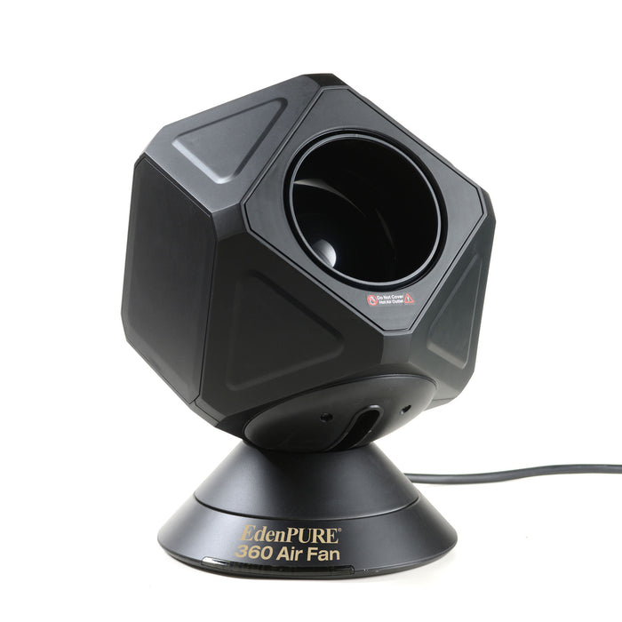 Black EdenPURE 360 Air Fan heater and cooler with geometric design on rotating base isolated on white background