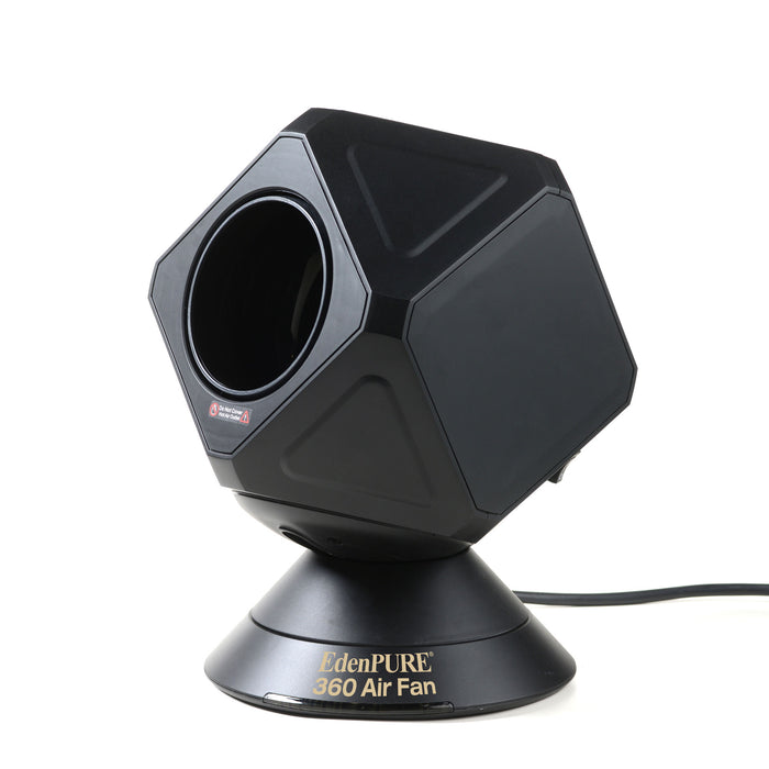 EdenPURE 360 Air Fan black hexagonal unit on circular base with power cord isolated on white background
