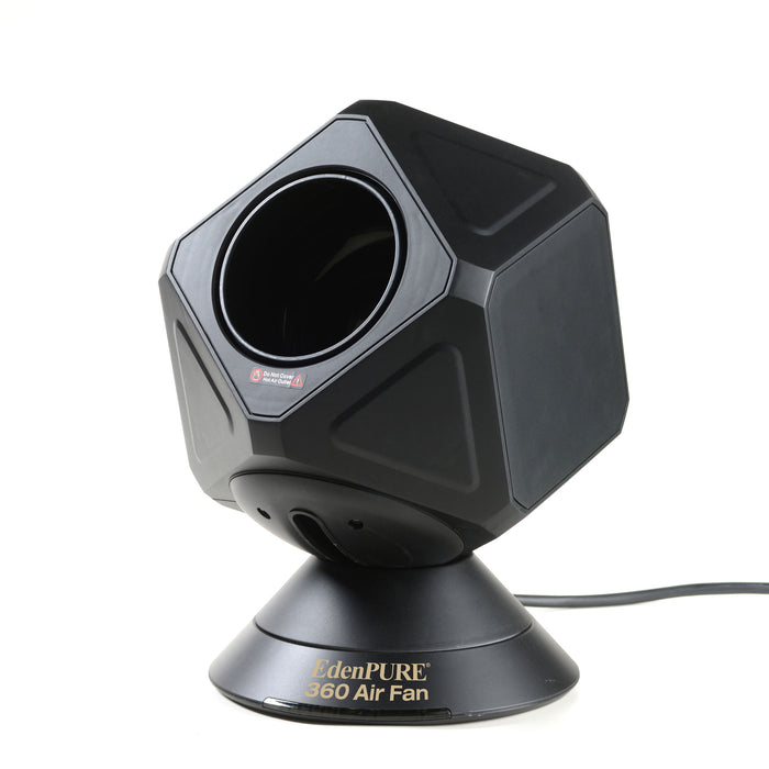 EdenPURE 360 Air Fan in black with hexagonal design and swiveling base for 360-degree air circulation isolated on white background