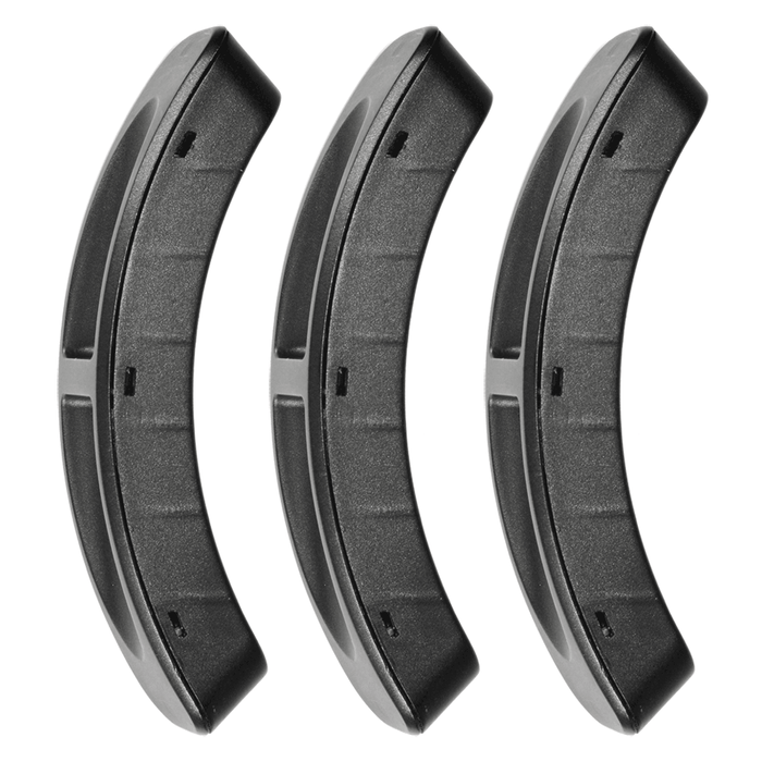 Three black curved air outlet replacement plugs for EdenPURE 360 Super Climater® heater, isolated on white background