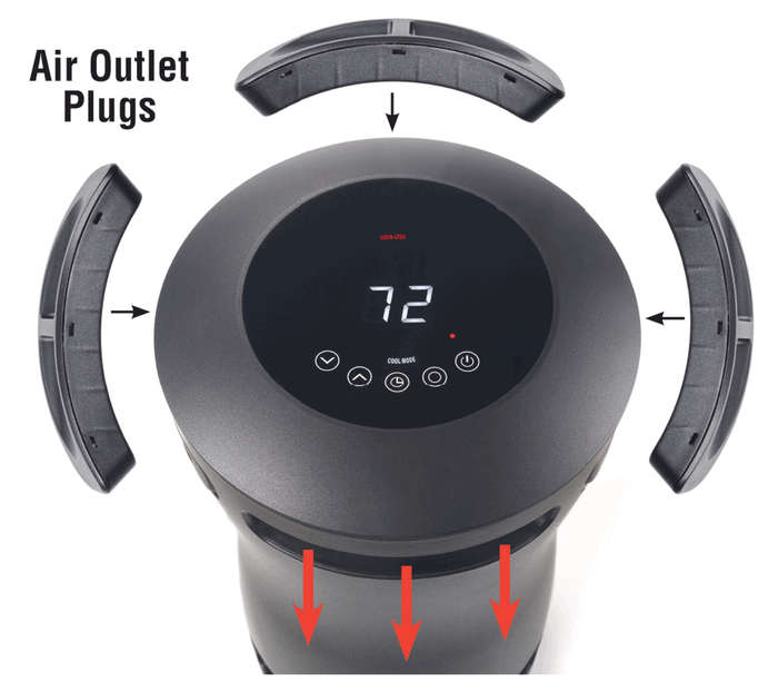 Three black EdenPURE 360 Super Climater air outlet replacement plugs positioned around heater top panel with digital display