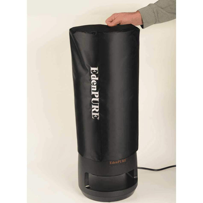 Black EdenPURE 360 Super Climater dust jacket cover with white logo, shown being placed over heater unit