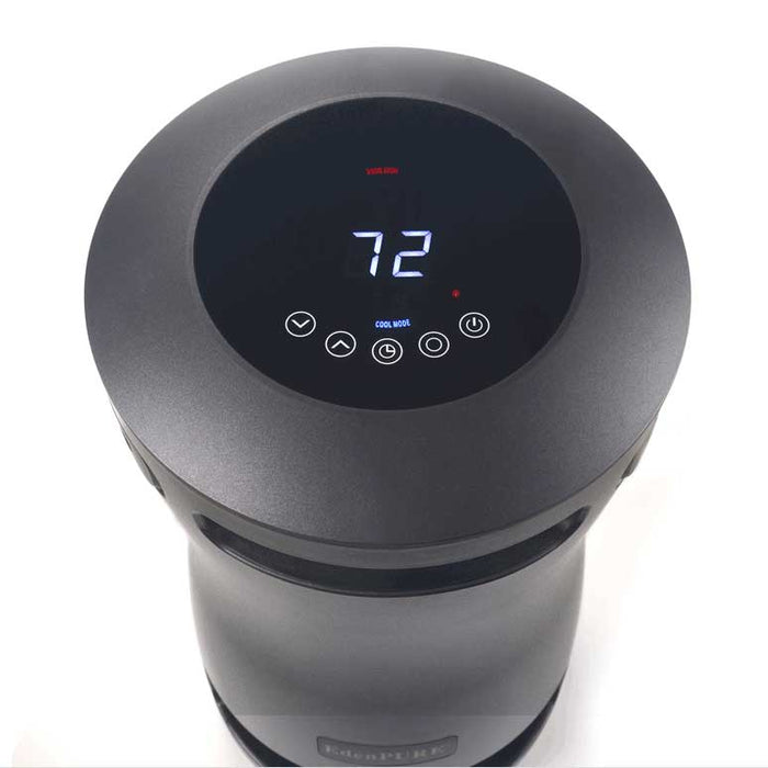 Top view of EdenPURE 360 Super Climater space heater and cooler with digital display showing temperature 72 degrees