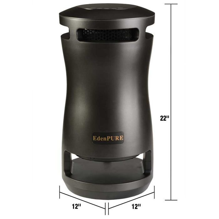 EdenPURE 360 Super Climater space heater and cooler in black with dimensions 22 by 12 by 12 inches isolated on white background
