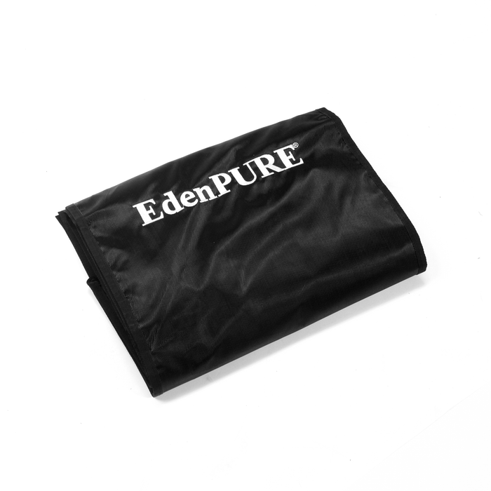 Folded black EdenPURE All Season Indoor/Outdoor Heater Cover with white EdenPURE logo on plain white background
