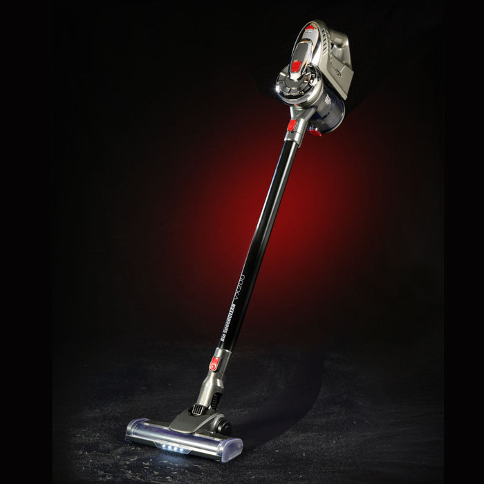 EdenPURE Bio SpeedCLEAN VX200 cordless vacuum cleaner with black wand and illuminated brush head on dark background