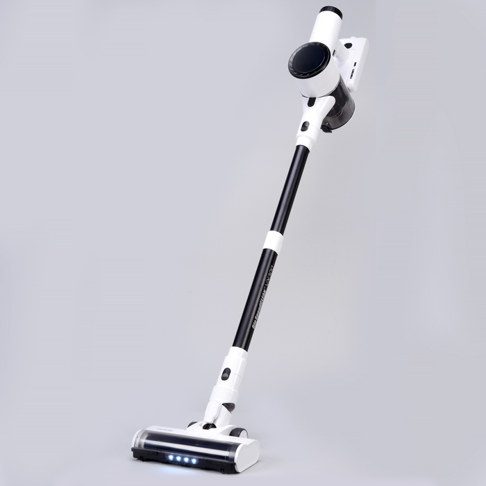 EdenPURE Bio SpeedCLEAN cordless vacuum Model VX300 in white and black with LED lights on floor head isolated on gray background