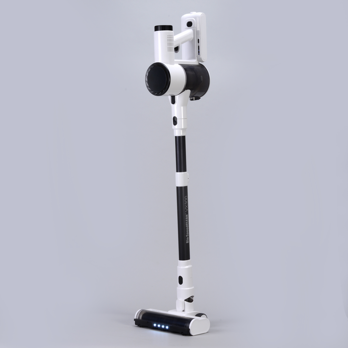 EdenPURE Bio SpeedCLEAN Cordless Vac Model VX300 in white and black with LED lights on cleaning head isolated on gray background