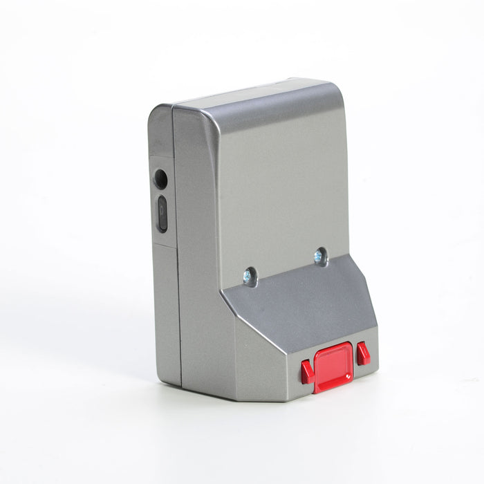 EdenPURE Bio SpeedCLEAN VX200 replacement battery with silver casing and red release button on white background