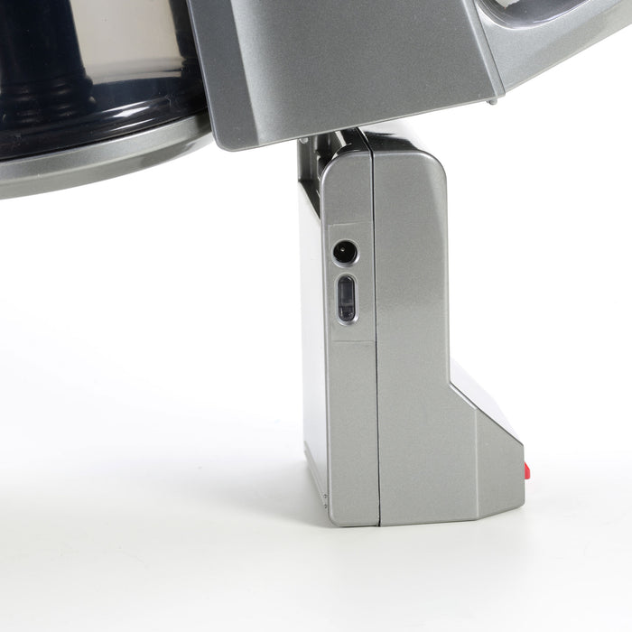 Side view of EdenPURE Bio SpeedCLEAN VX200 replacement battery with silver casing and red release button attached to vacuum cleaner