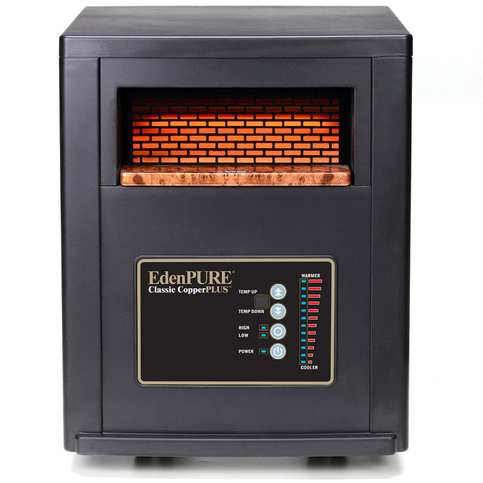 EdenPURE Classic CopperPLUS Infrared Heater refurbished model with digital control panel and glowing copper heating element