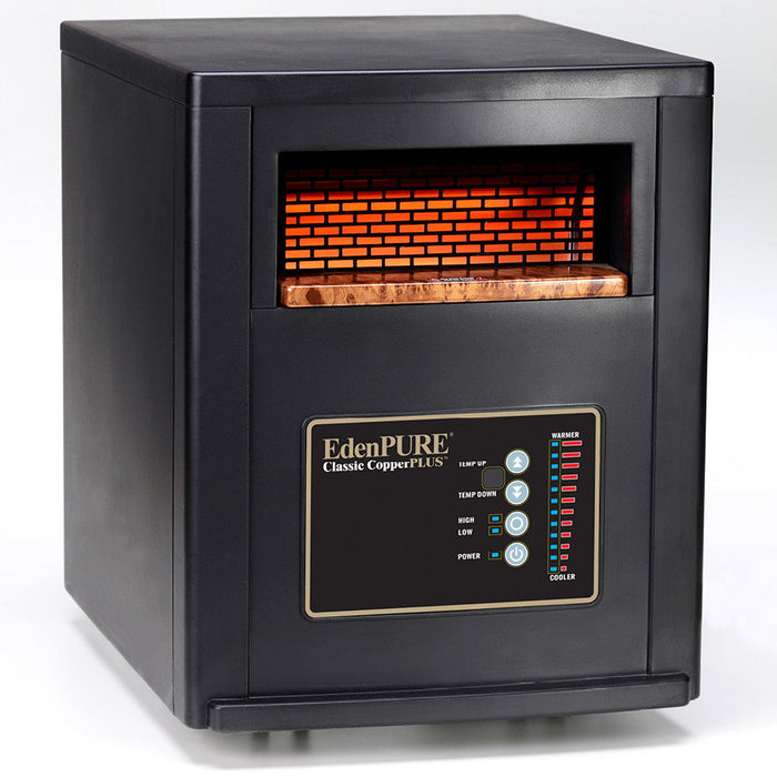 EdenPURE Classic CopperPLUS Infrared Heater with digital control panel and glowing heating element in black casing