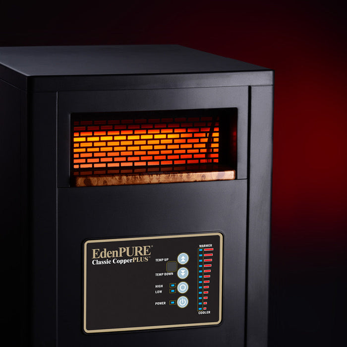 EdenPURE Classic CopperPLUS Infrared Heater refurb model showing glowing heating element and front control panel with buttons