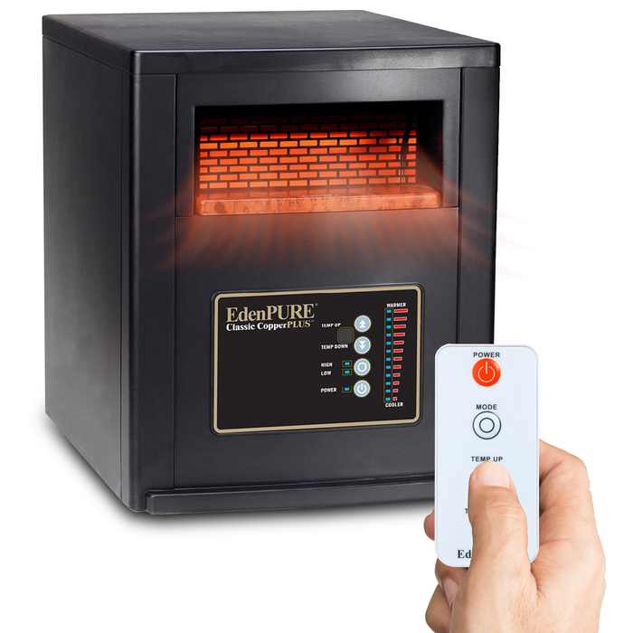 EdenPURE Classic CopperPLUS infrared space heater in black with glowing heating panel and hand holding remote control