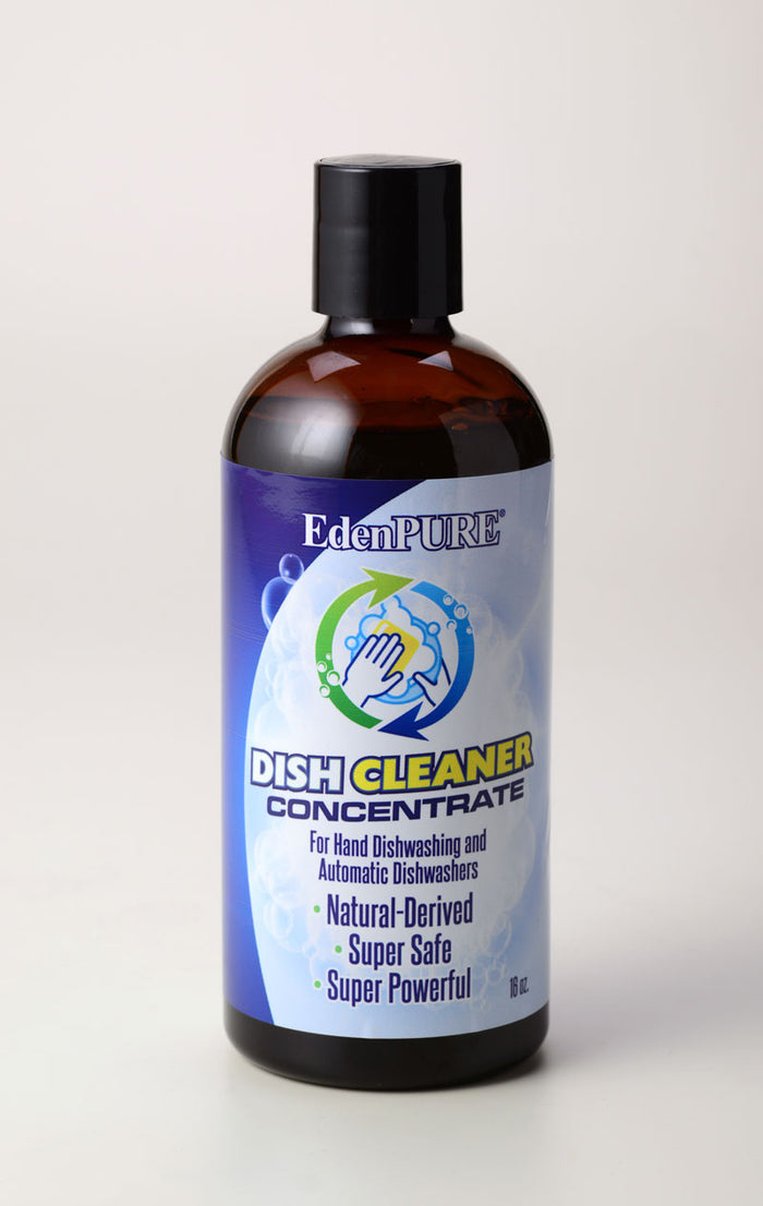 EdenPURE Dish Cleaner Concentrate bottle in amber with blue label highlighting natural-derived and super safe formula