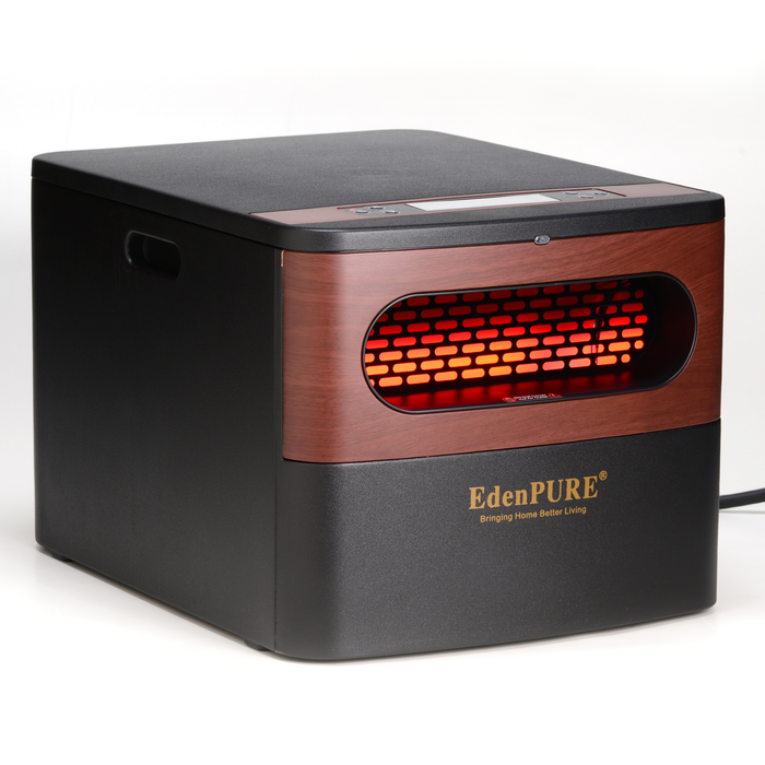 EdenPURE GEN2 Infrared Heater with black and wood finish housing glowing red heating element on white background