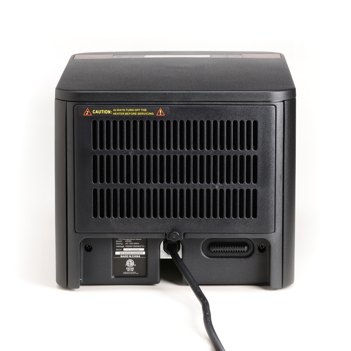 EdenPURE GEN2 Infrared Heater rear view showing black vented panel and power cord on white background