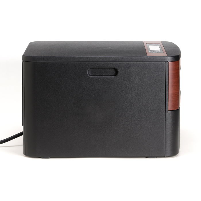 EdenPURE GEN2 Infrared Heater in black with wood panel accents and digital control display on top isolated on white background