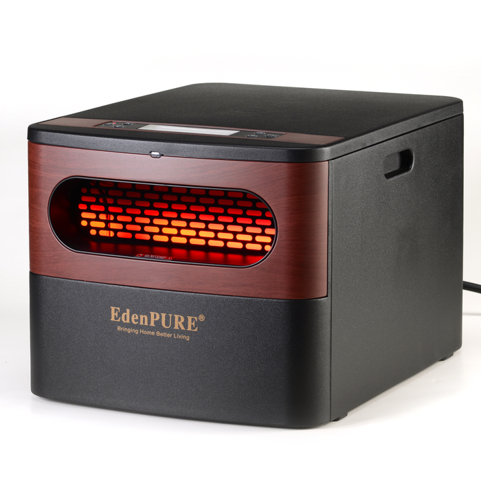 EdenPURE GEN2 Infrared Heater with black body and wood grain front panel glowing red inside on white background