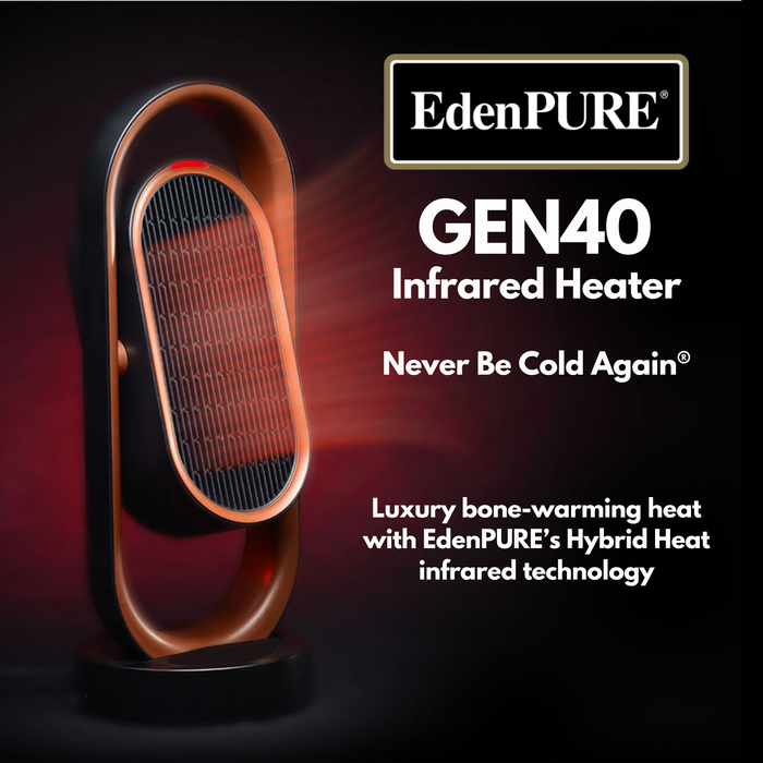 EdenPURE GEN40 Infrared Heater with bronze oval frame and black base emitting warm red heat beams on dark background