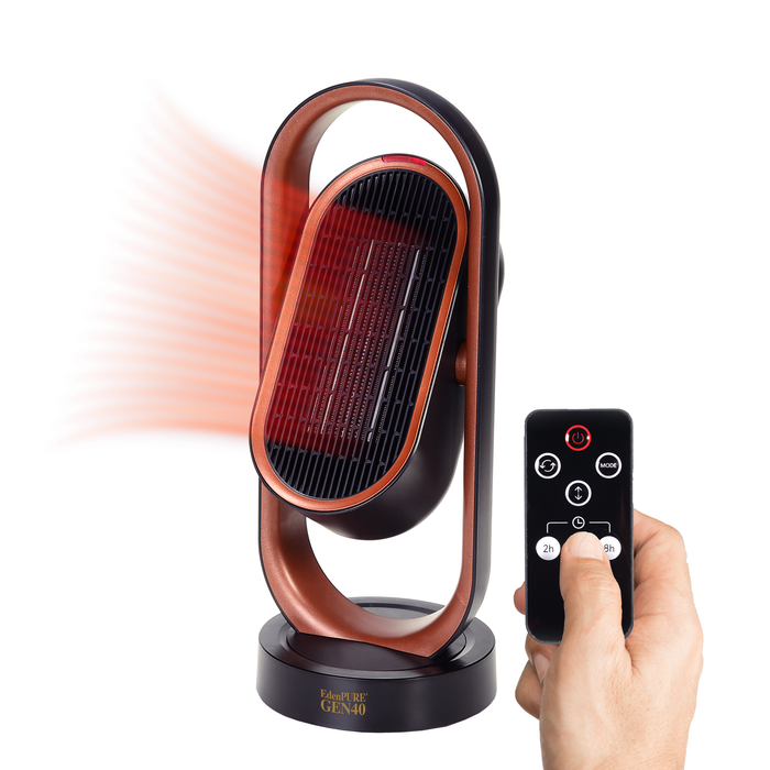 EdenPURE GEN40 infrared heater in black and bronze with remote control and heat waves visible on white background
