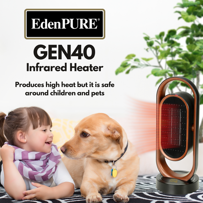 EdenPURE GEN40 infrared heater in bronze and black shown near child and dog emphasizing safety and high heat output