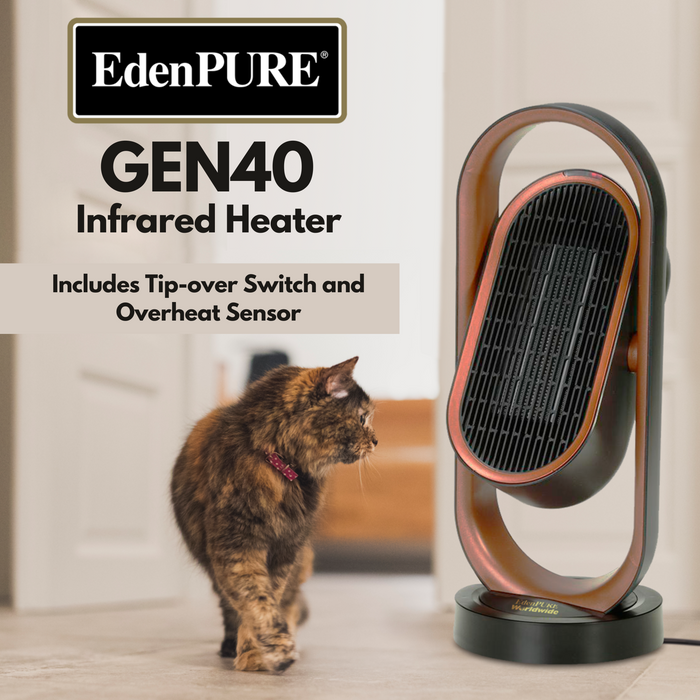 EdenPURE GEN40 Infrared Heater in bronze finish with safety tip-over switch and overheat sensor shown near cat indoors