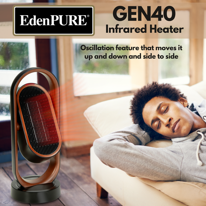 EdenPURE GEN40 Infrared Heater in bronze with oscillation feature beside person resting on beige sofa near window