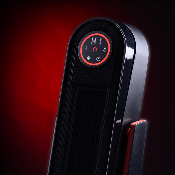 EdenPURE GEN40 PLUS infrared heater with digital control panel illuminated red on black body against red background