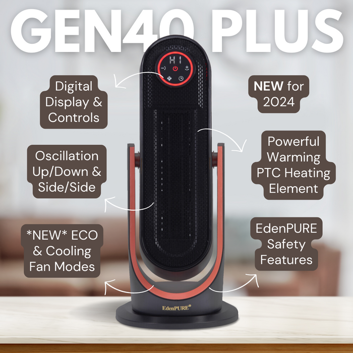 EdenPURE GEN40 PLUS Infrared Heater with digital display, oscillation, ECO cooling fan, and safety features on wood surface