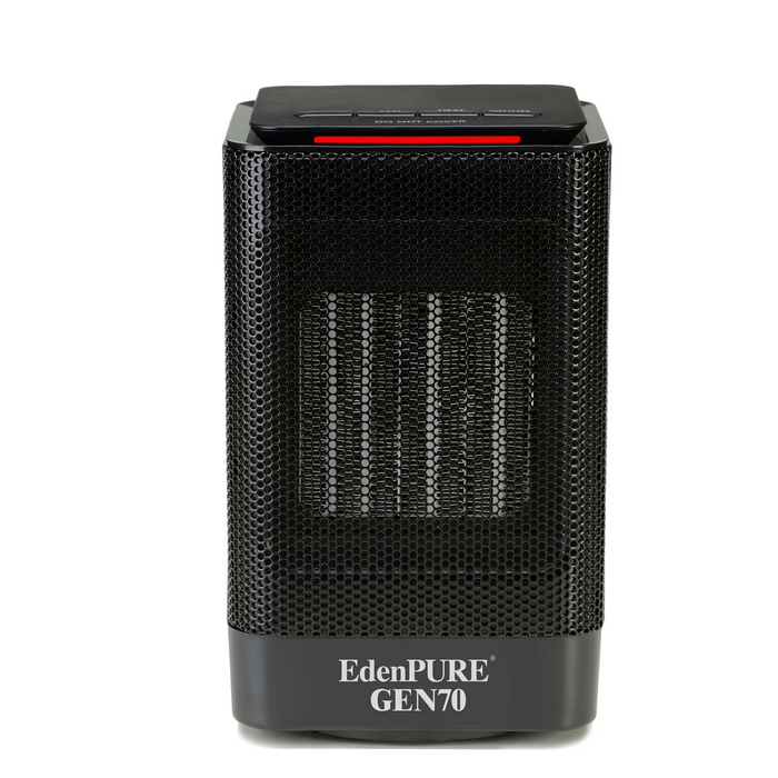 EdenPURE GEN70 personal space heater and cooler in black with mesh grill and digital control panel on top isolated on white background