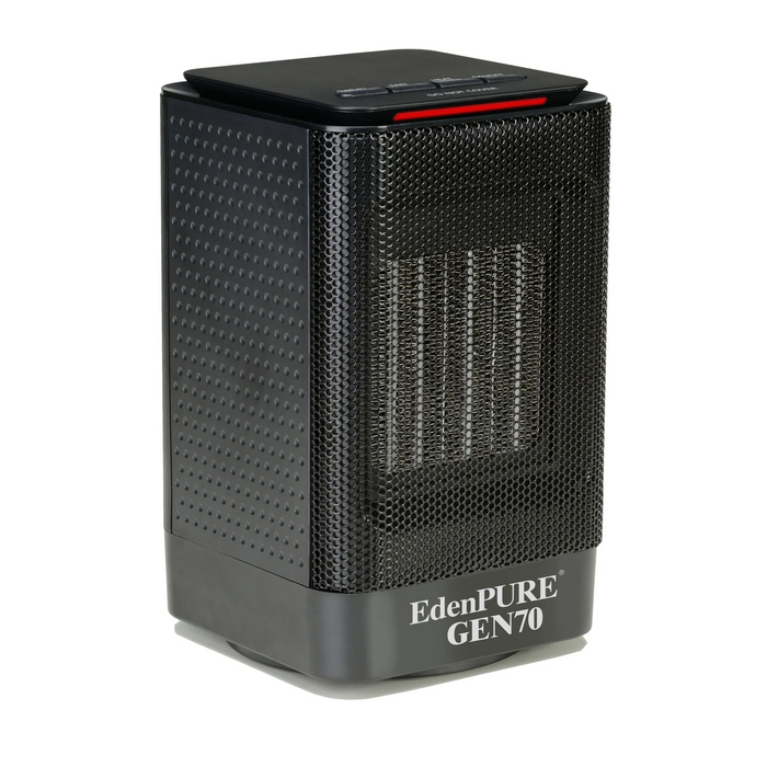 EdenPURE GEN70 personal space heater and cooler in black with mesh front and digital control panel on top isolated on white background