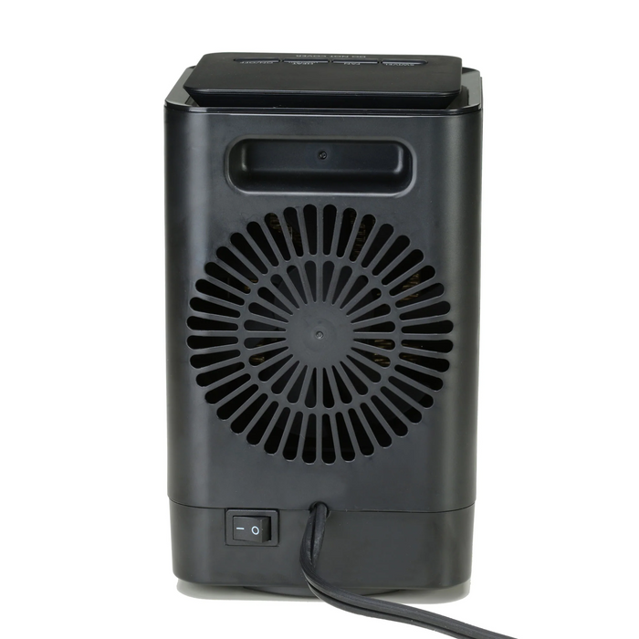 EdenPURE GEN70 personal space heater and cooler in black showing rear ventilation fan and power switch isolated on white background