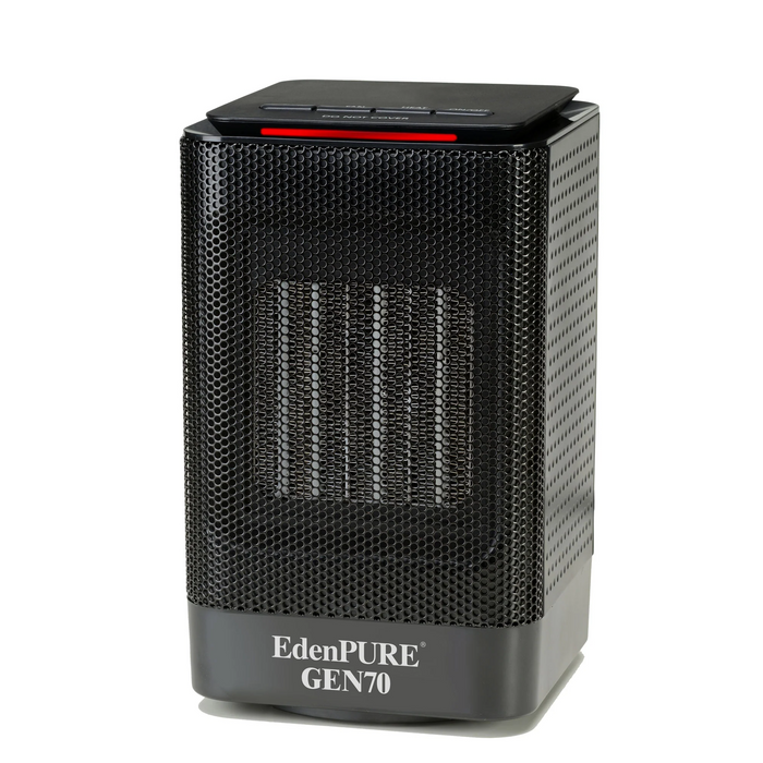 EdenPURE GEN70 personal space heater and cooler in black with mesh front and digital control panel on top isolated on white background