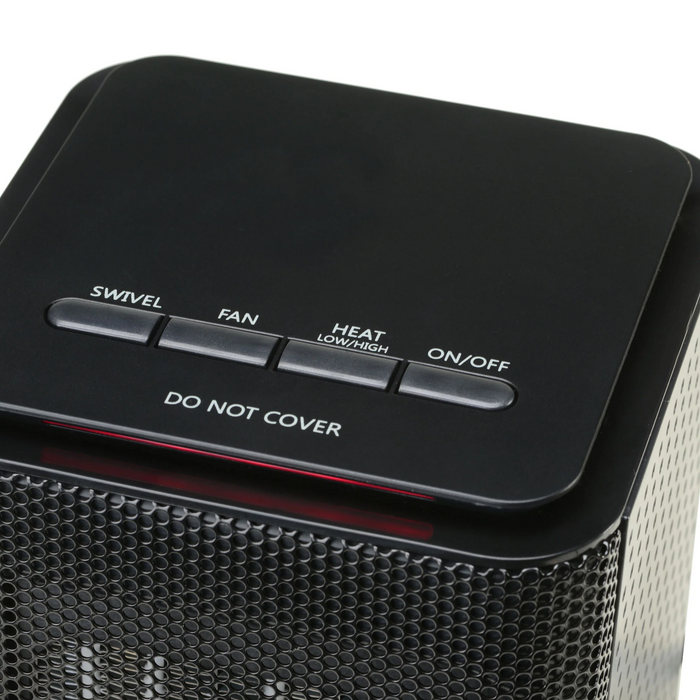 Top control panel of EdenPURE GEN70 personal heater and cooler with buttons for swivel, fan, heat settings, and power on/off