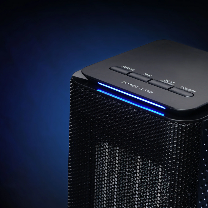 EdenPURE GEN70 personal space heater and cooler in black with illuminated blue LED control panel on top
