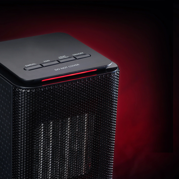 EdenPURE GEN70 personal space heater and cooler in black with control buttons and red indicator light on top