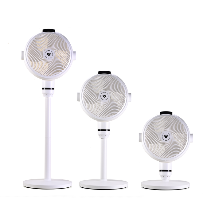 EdenPURE GEN80 Smart Cooler Purifier in white shown at three adjustable heights on white background